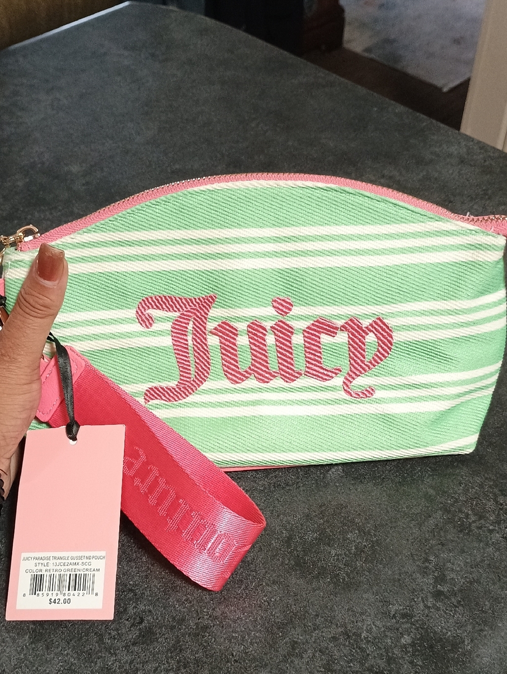 Juicy Couture Exclusive Green & Pink Striped Logo Cosmetic Pouch